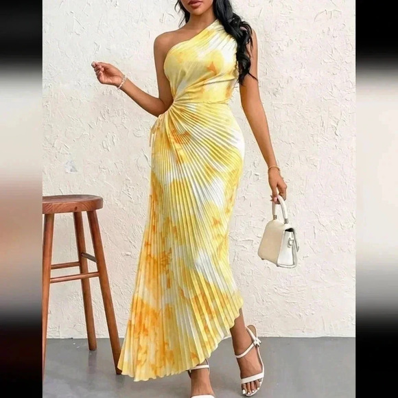 One Shoulder Cut Out Waist Pleated Tie Dye Asymmetrical Hem Dress - Picture 1 of 6